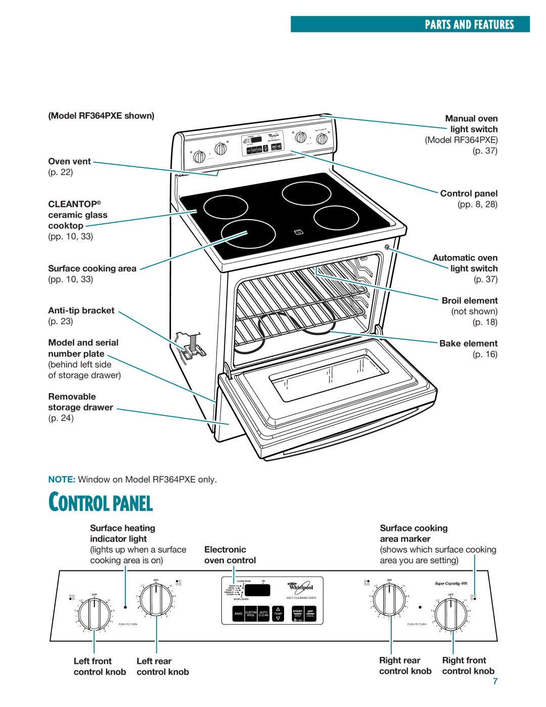 Whirlpool RF360PXE Model RF364PXE shown Manual oven light switch, Surface heating indicator light, Electronic oven control 