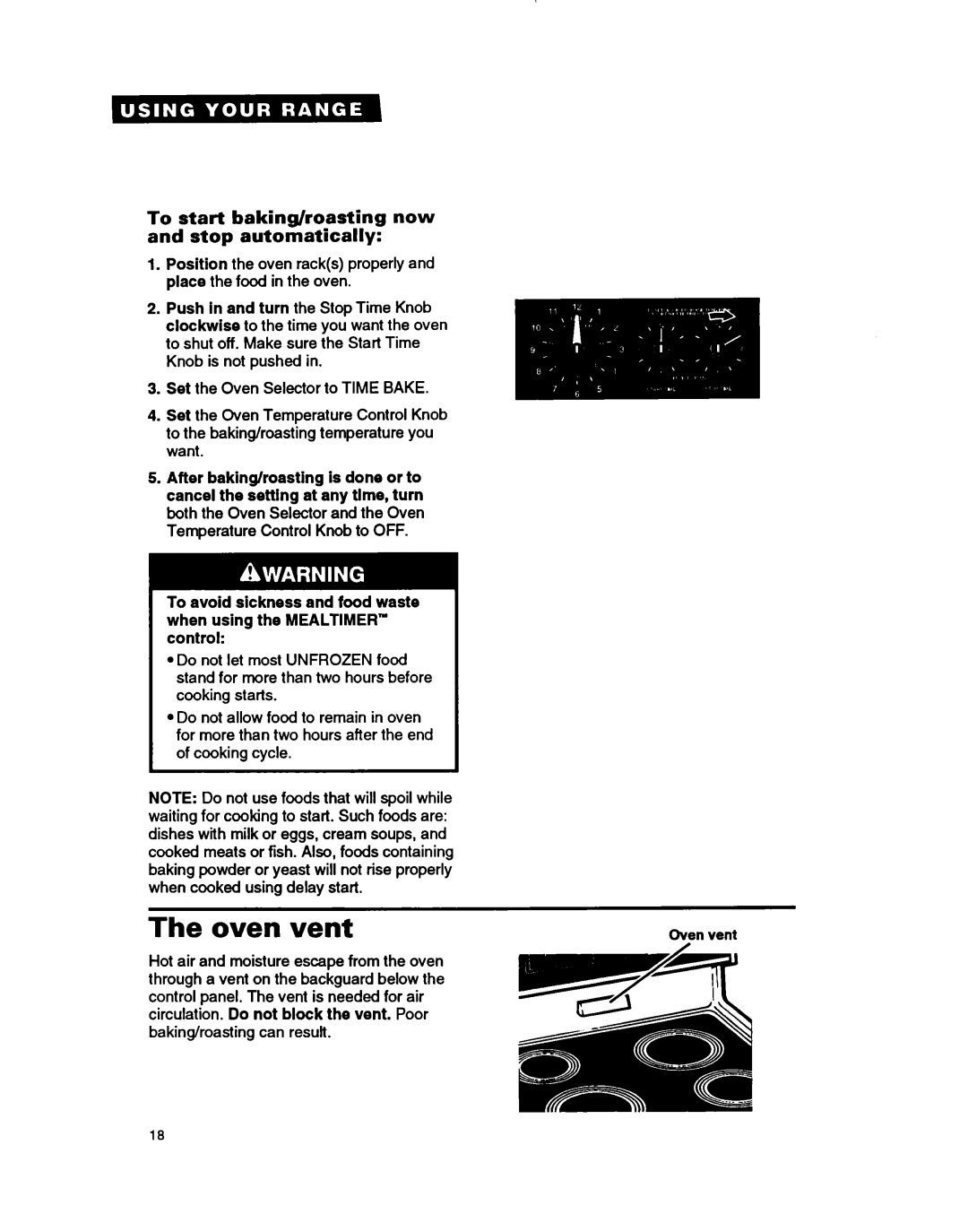 Whirlpool RF364PXY, RF364BXB, RF354BXB Oven vent, To start baking/roasting now and stop automatically 