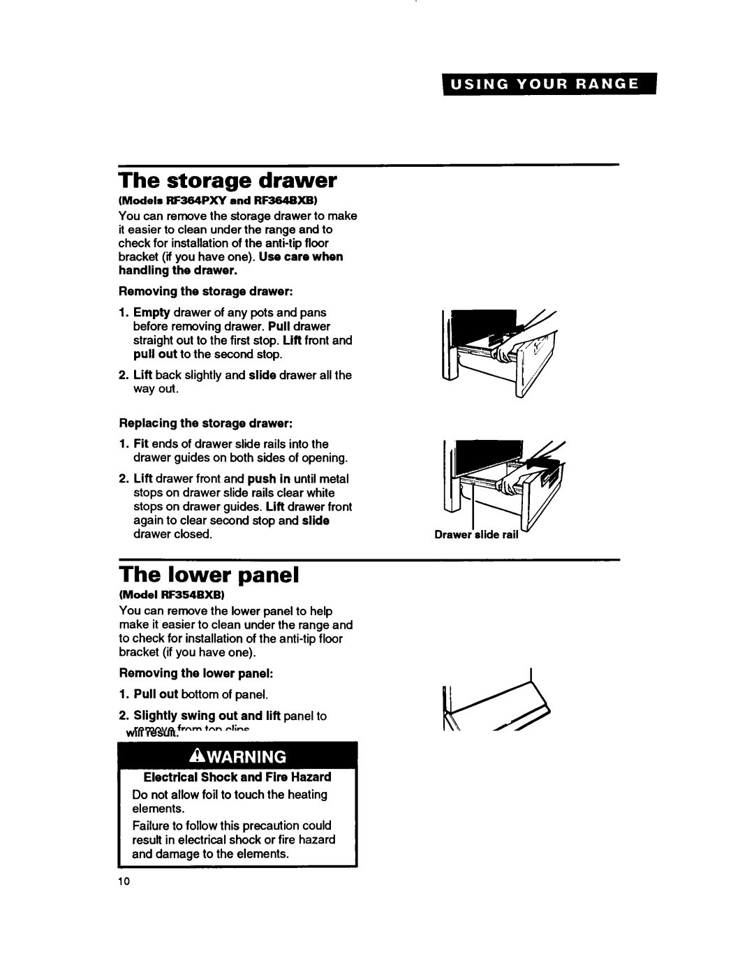 Whirlpool RF364BXB, RF364PXY, RF354BXB important safety instructions Storage drawer, Lower panel 