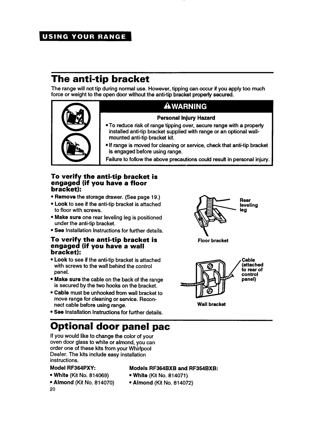 Whirlpool RF354BXB Anti-tip bracket, Optional door panel pat, Personal Injury Hazard, Model RF364PXY Models, White 