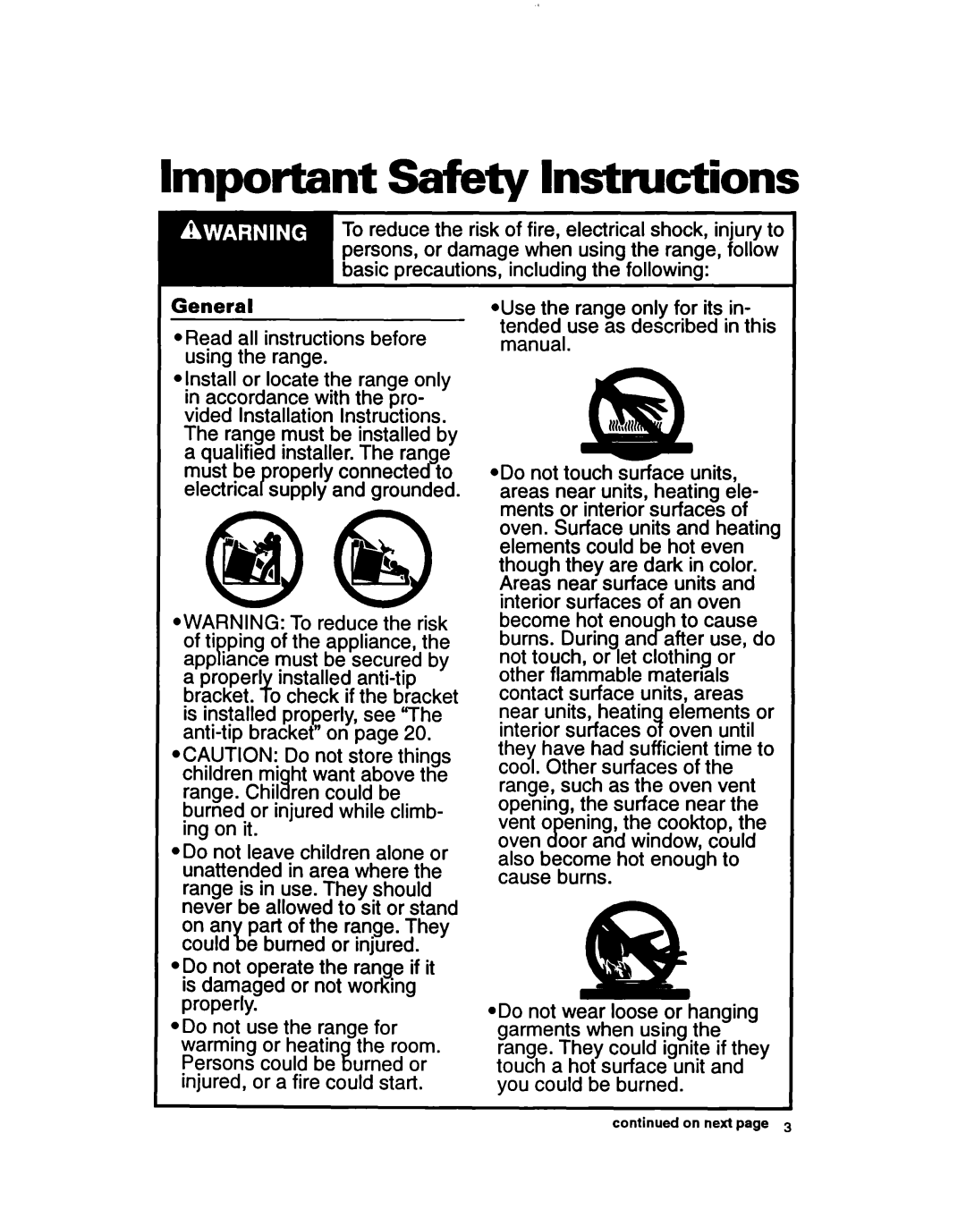 Whirlpool RF364PXY, RF364BXB, RF354BXB Important Safety Instructions, ORead all instructions before using the range 