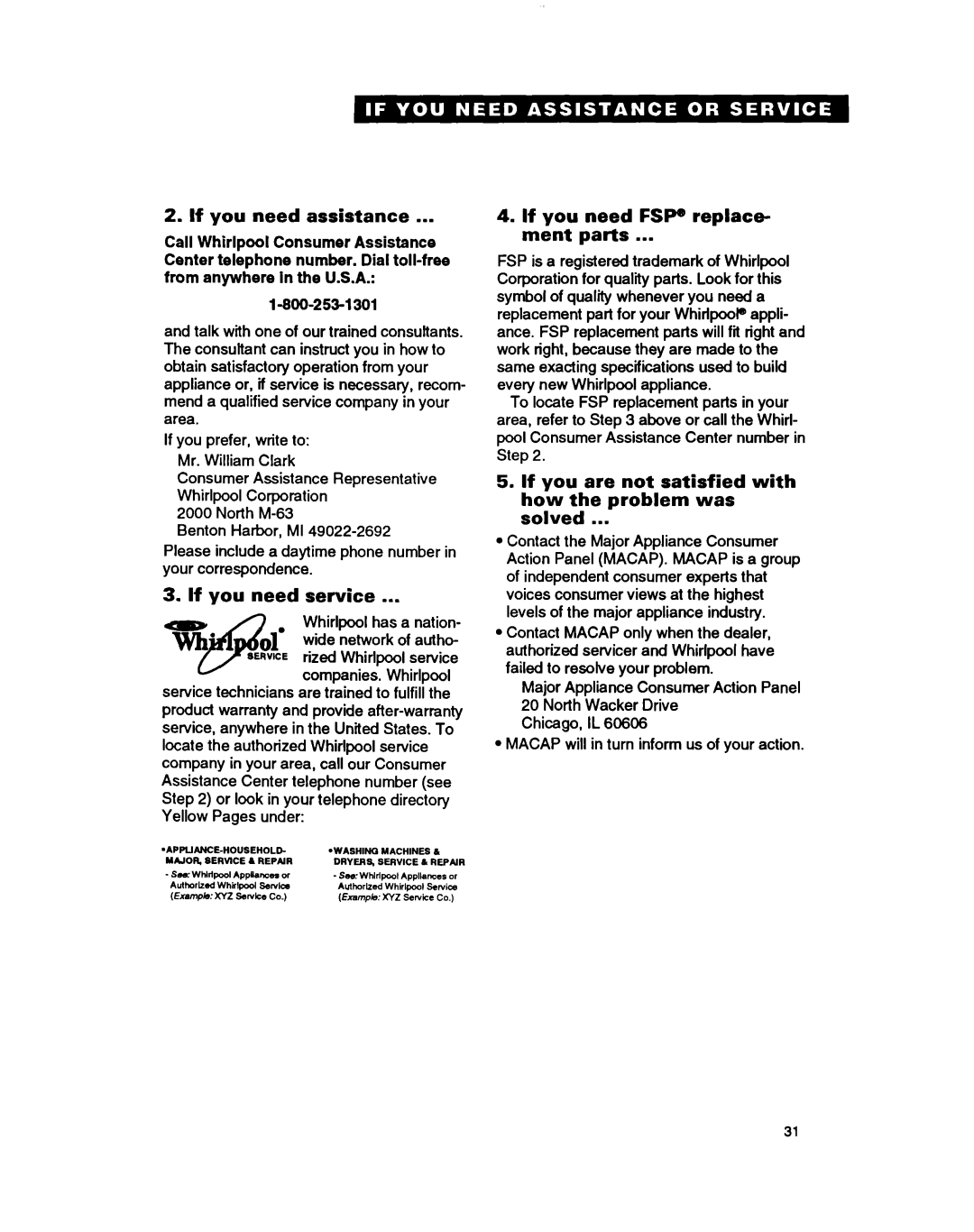 Whirlpool RF364BXB, RF364PXY, RF354BXB If you need assistance, Service, If you need FSP replace- ment parts 