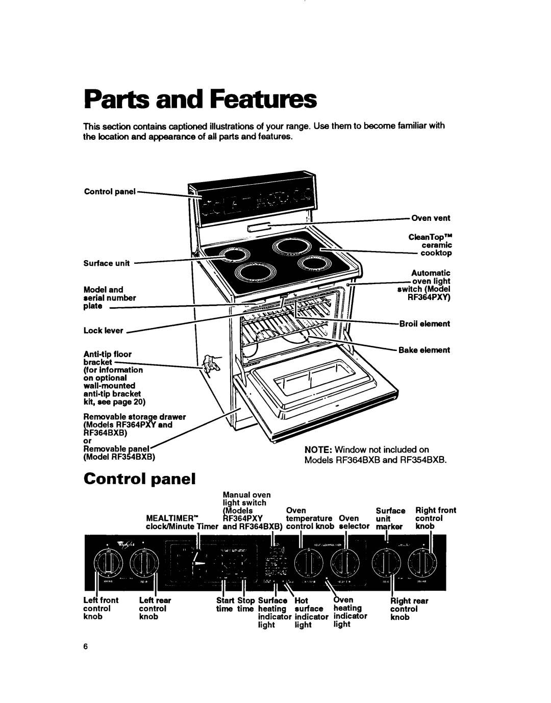 Whirlpool RF364PXY, RF364BXB, RF354BXB important safety instructions Parts and Features, Control panel 