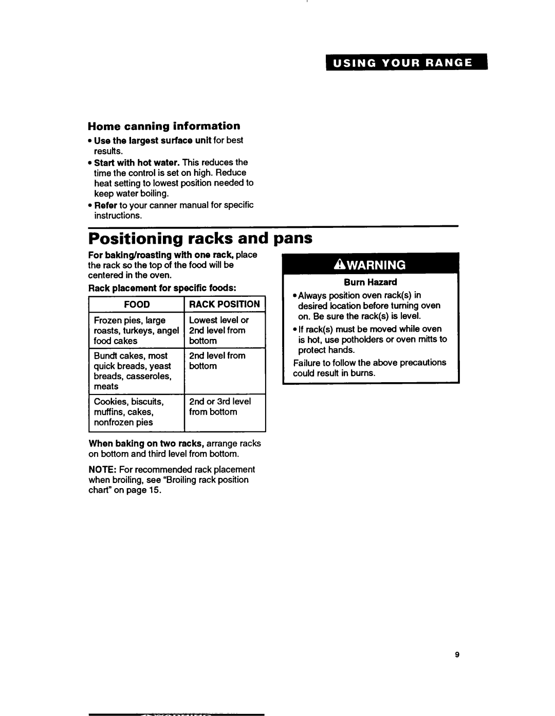 Whirlpool RF364PXY, RF364BXB, RF354BXB important safety instructions Positioning racks, Pans, Home canning information, Food 