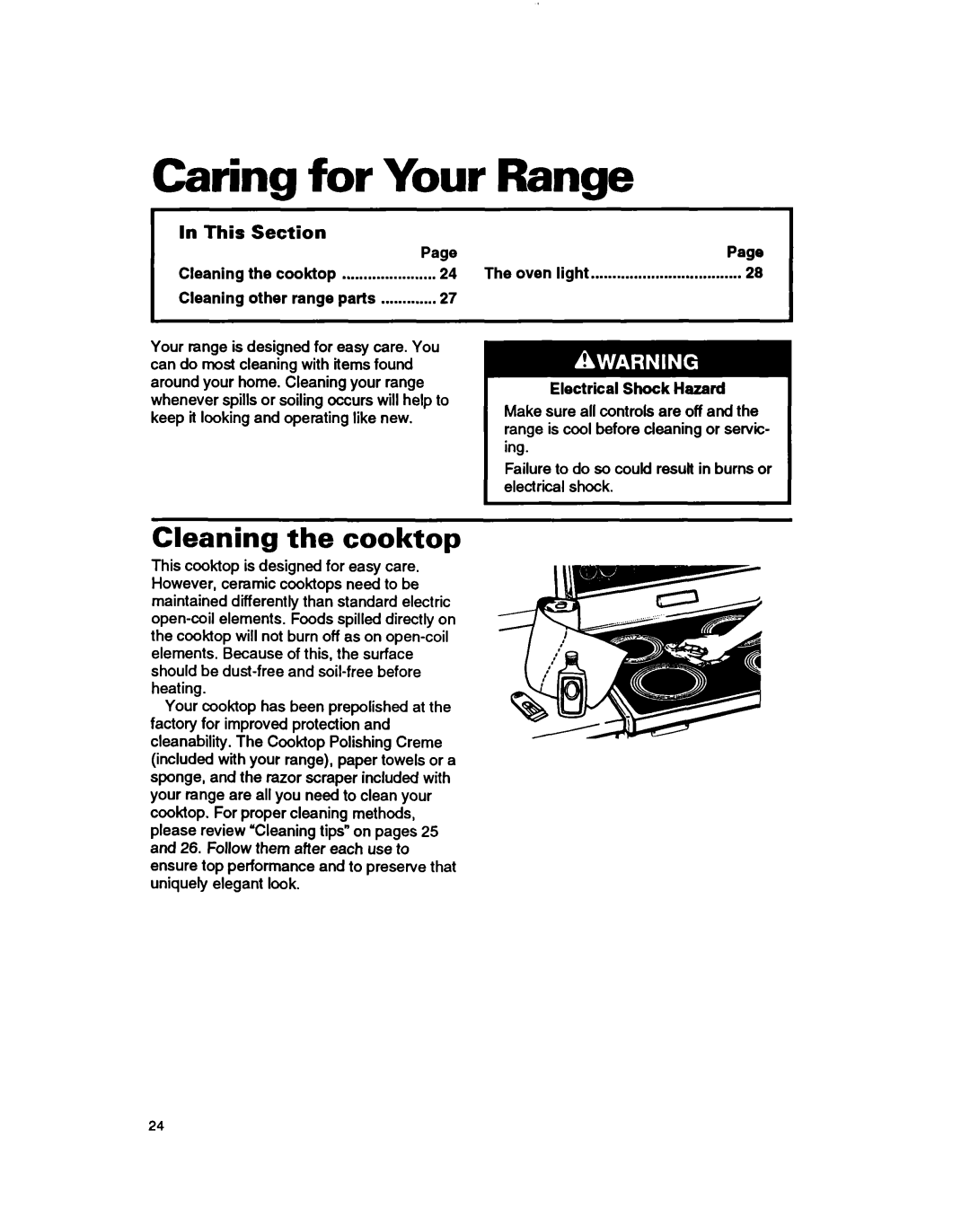 Whirlpool RF364PXY, RF364BXB Caring for, Cleaning the cooktop, Range, Your, In This Section, Page, Electrical Shock Hazard 