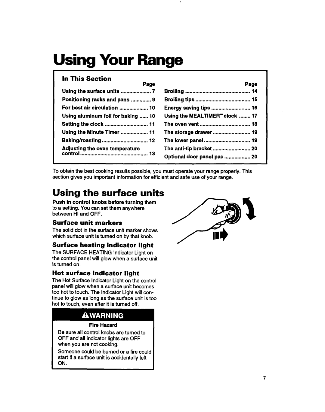 Whirlpool RF364BXB Your, Range, Using the surface units, In This, Surface unit markers, Hot surface indicator light 