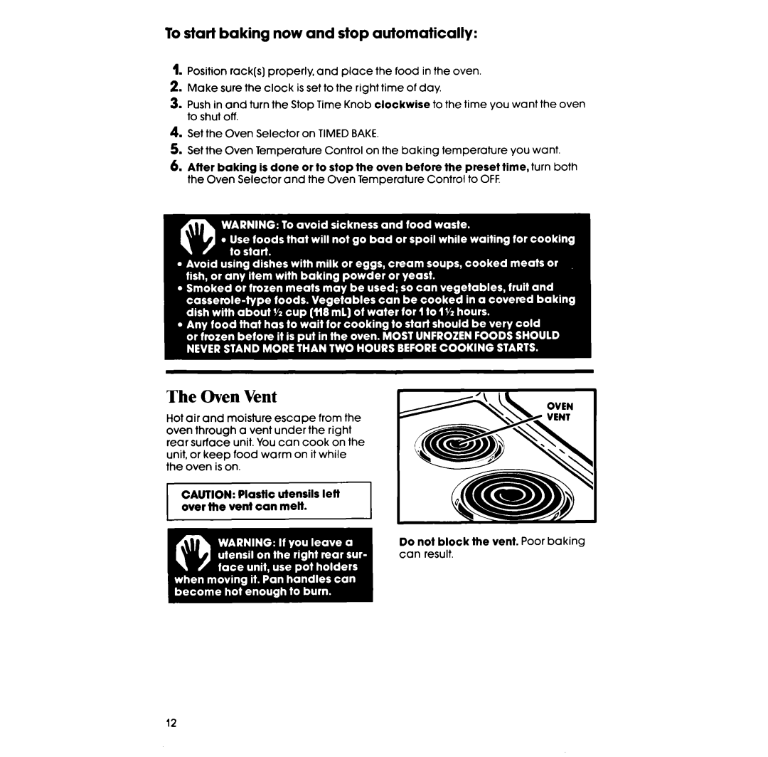 Whirlpool RF365BXP manual Oven Vent, To start baking now and stop automatically 