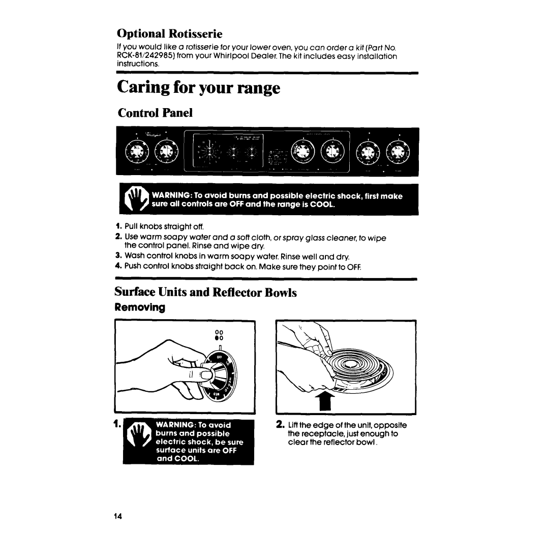 Whirlpool RF365BXP Caring for your range, Optional Rotisserie, Control Panel, Surface Units and Reflector Bowls, Removing 