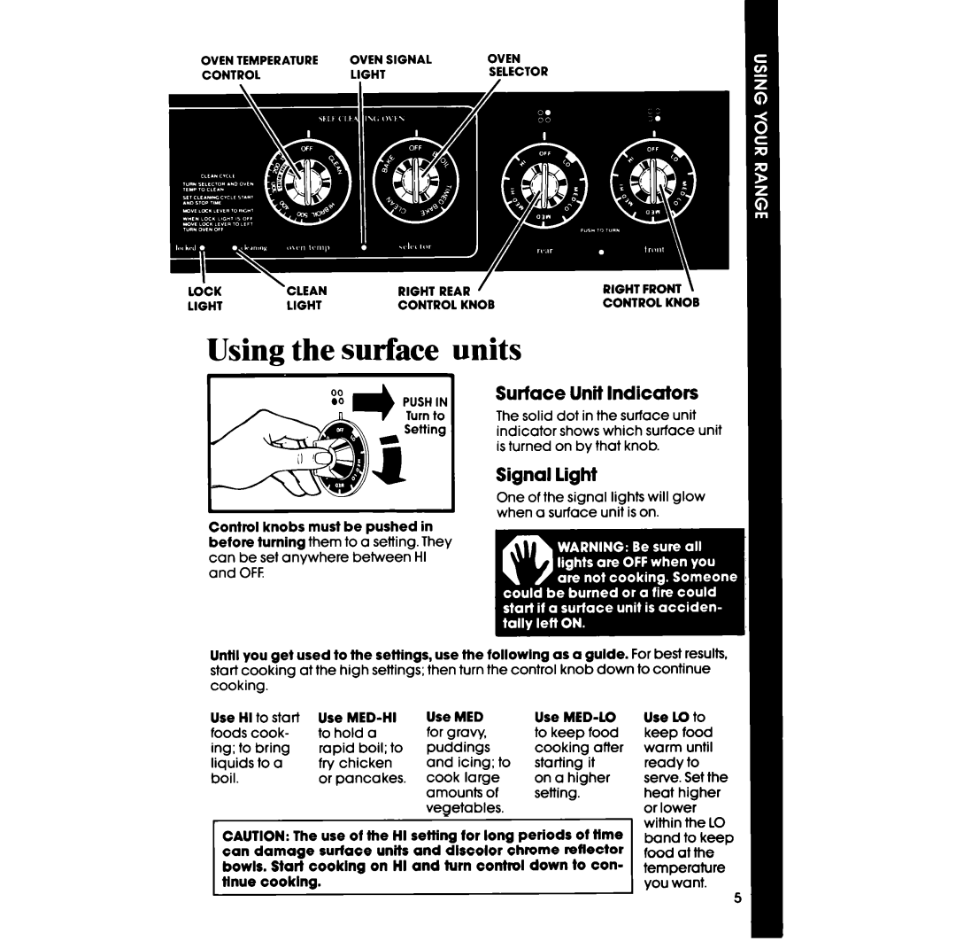 Whirlpool RF365BXP manual Using the surface units, Surface Unit Indicators, Signal light 