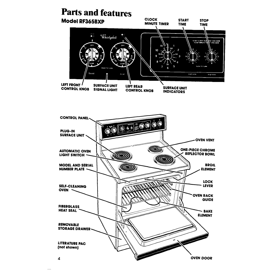 Whirlpool manual Parts and features, Model RF365BXP 