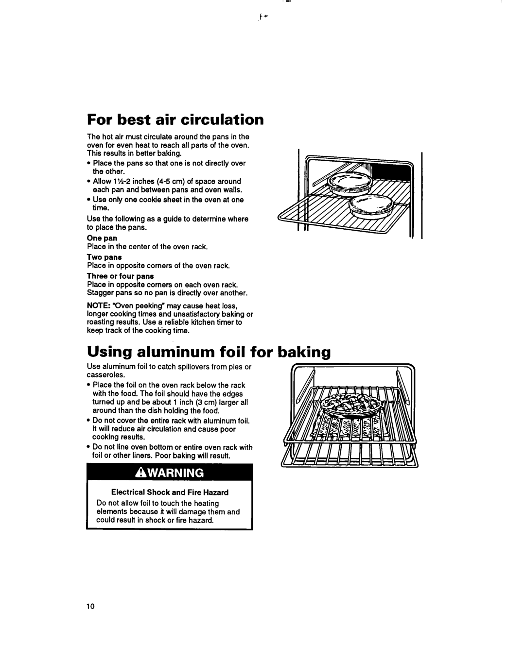 Whirlpool RF365BXY important safety instructions For best air circulation, Using aluminum foil for baking 