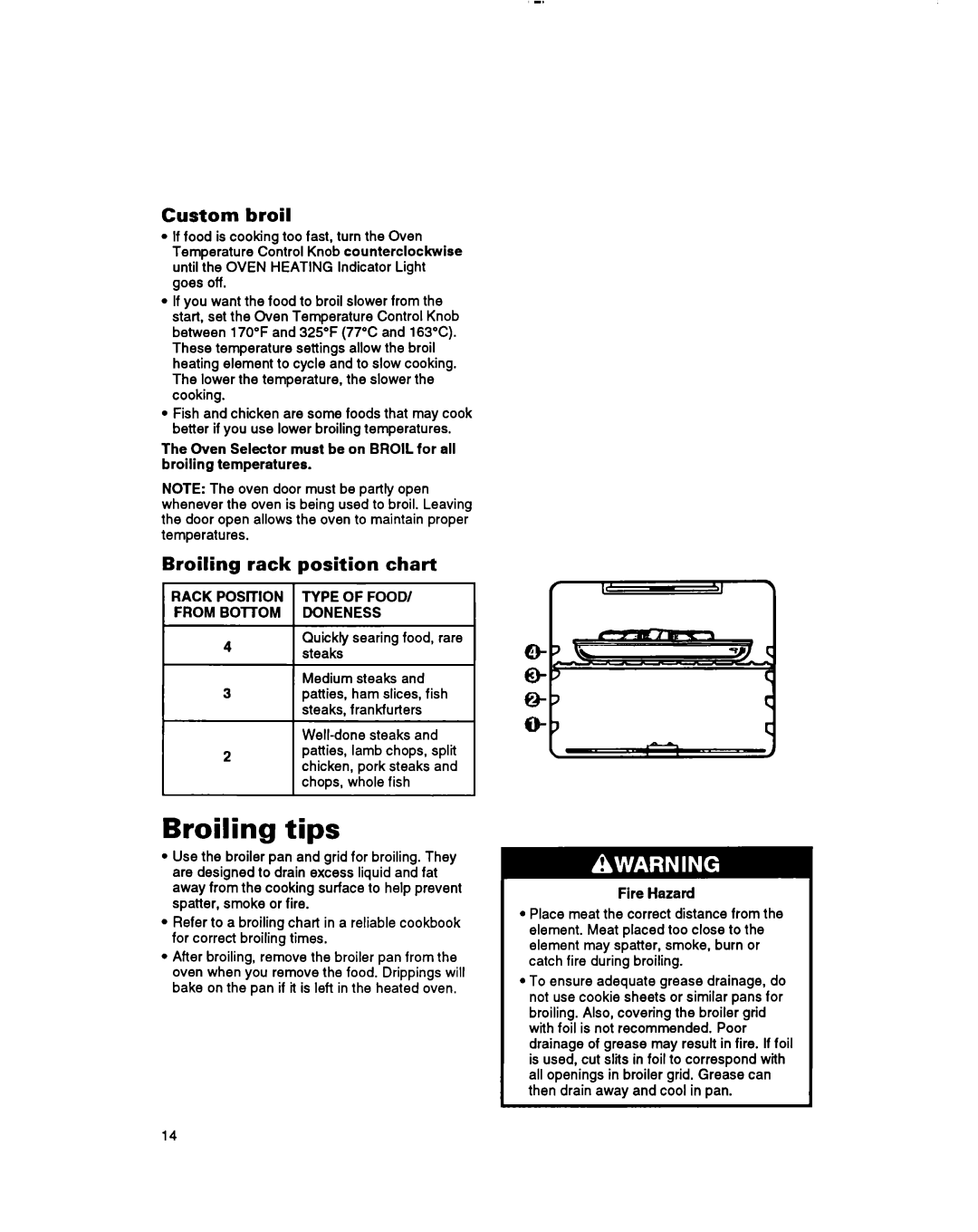 Whirlpool RF365BXY Broiling tips, Custom broil, Broiling rack position chart, Type of Food Doneness 