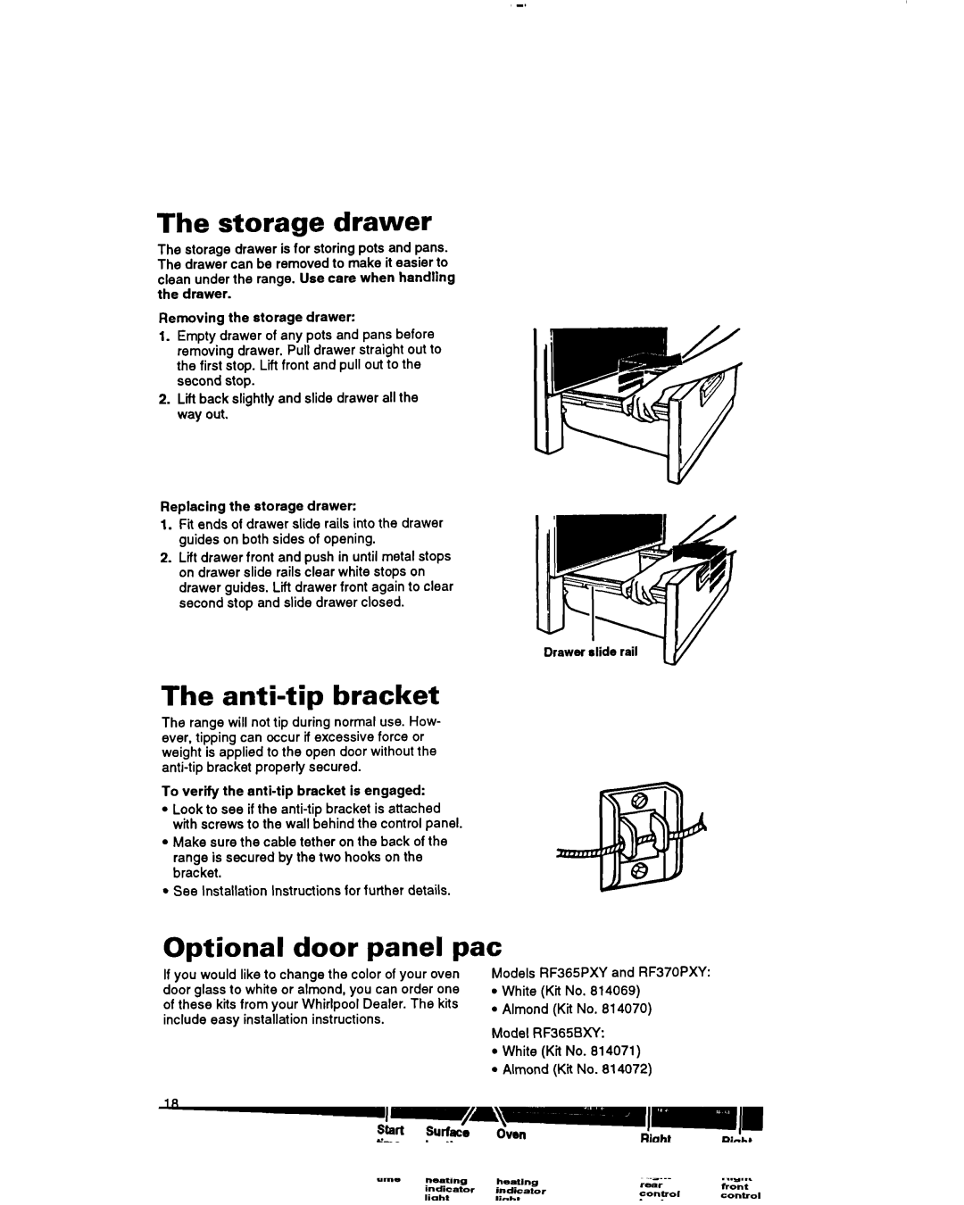 Whirlpool RF365BXY important safety instructions Storage drawer, Anti-tip bracket, Optional door panel pat 