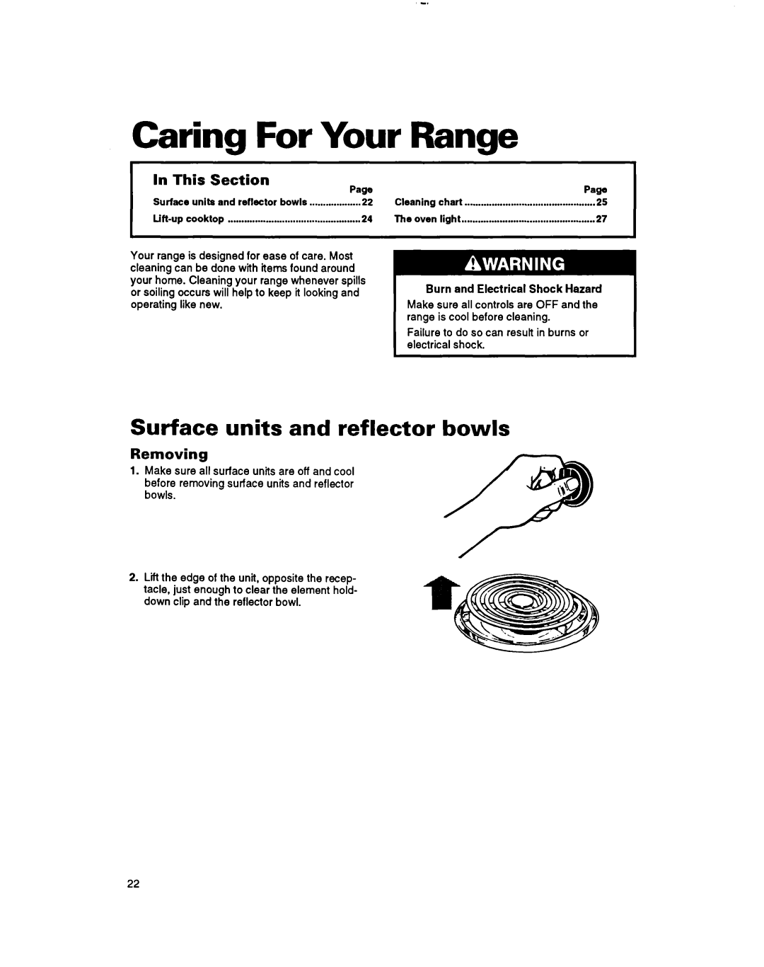 Whirlpool RF365BXY important safety instructions Surface units and reflector bowls, This, Removing 