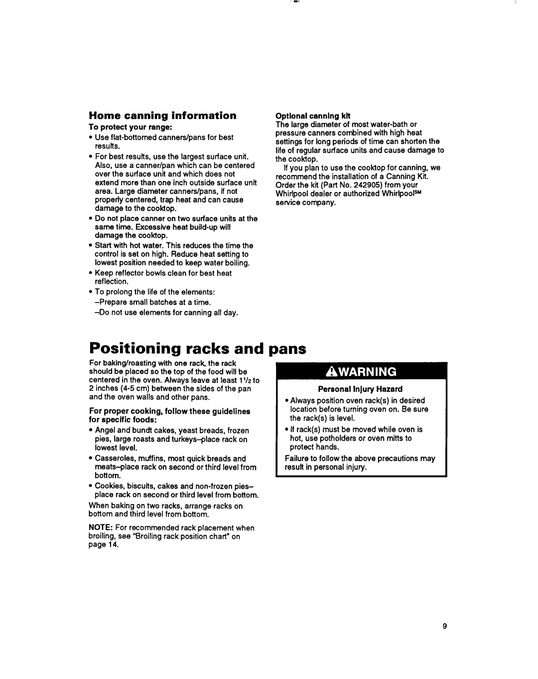 Whirlpool RF365BXY important safety instructions Positioning racks, Pans, Home canning information 