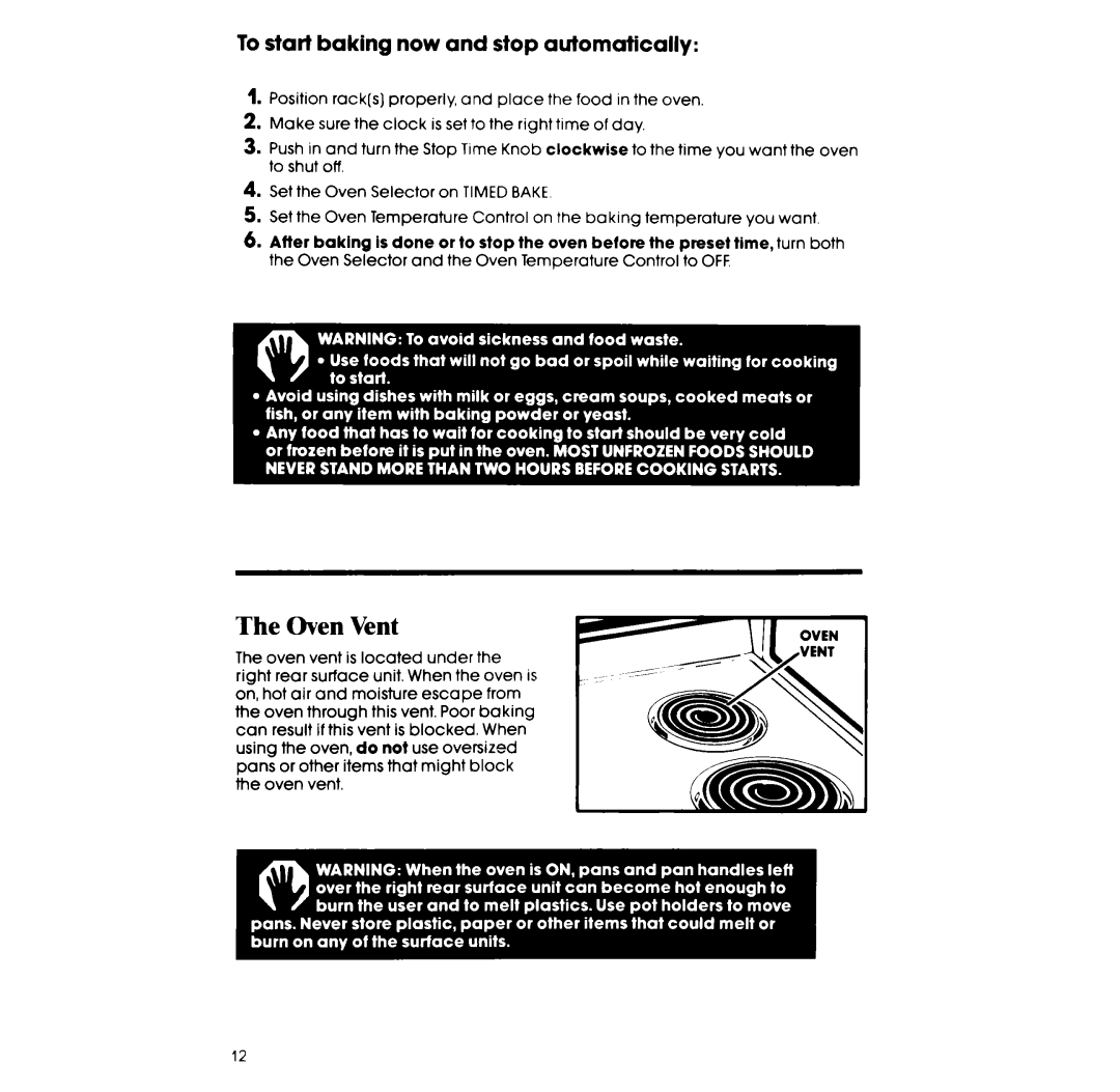 Whirlpool RF365EXP manual Oven Vent, To start baking now and stop automatically 