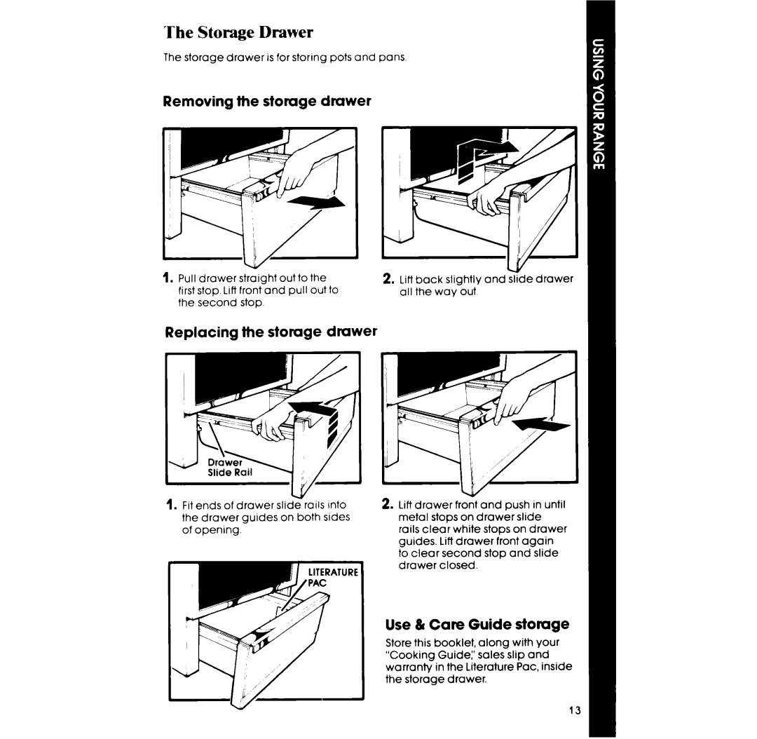 Whirlpool RF365EXP manual Storage Drawer, Removing the storage dmwer, Replacing the stomge drawer, Use & Care Guide storage 