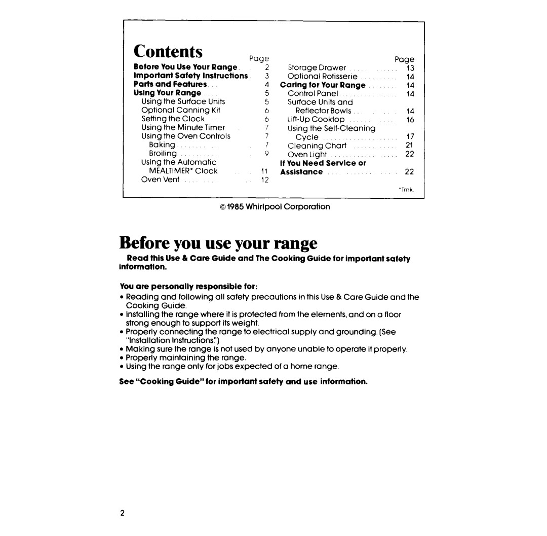 Whirlpool RF365EXP manual Contents, Before you use your range 