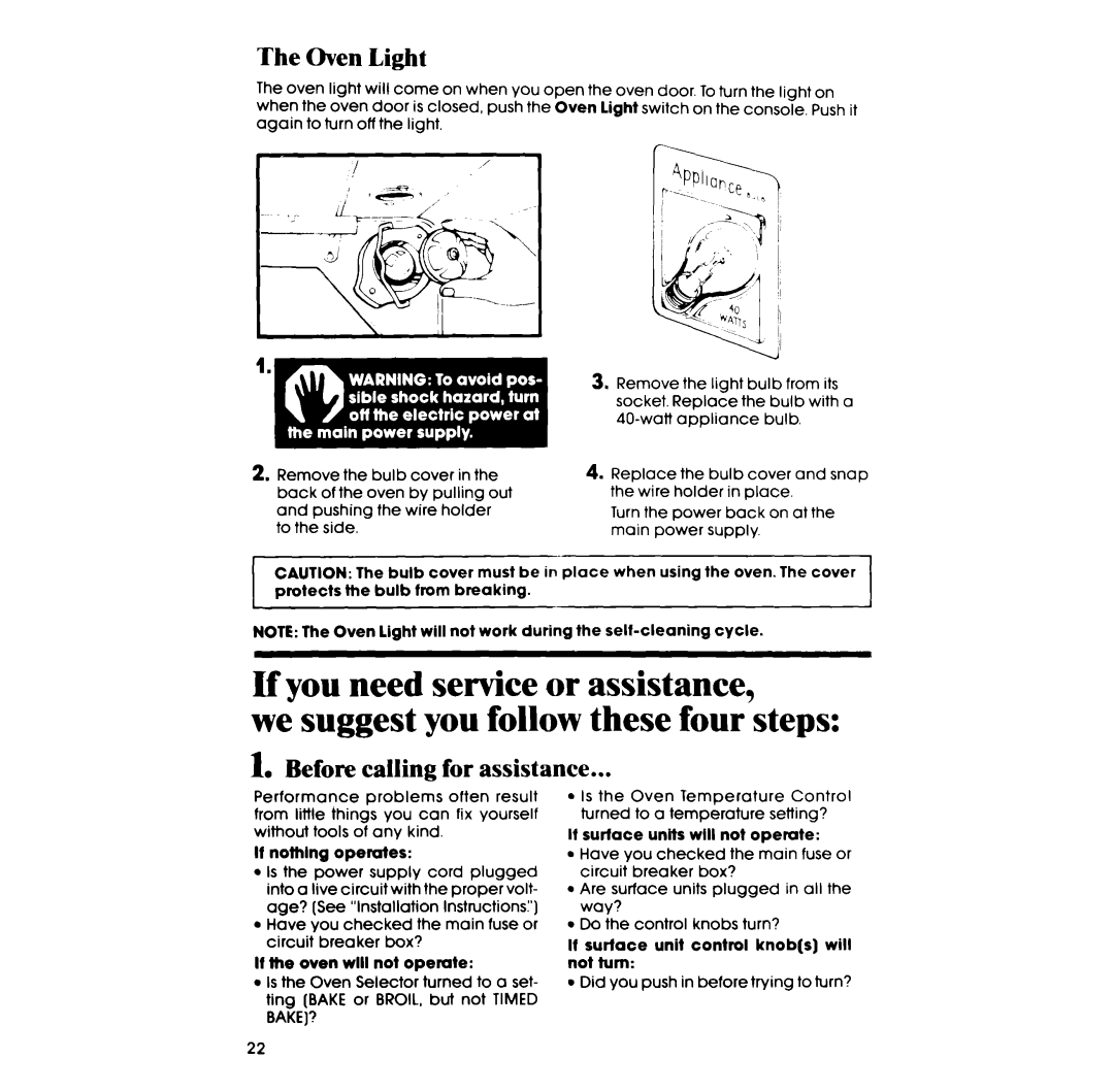 Whirlpool RF365EXP manual Oven Light, Before calling for assistance 