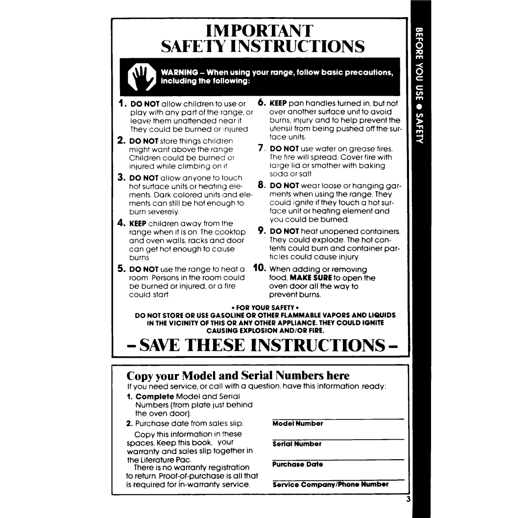 Whirlpool RF365EXP manual Safety Instructions, Copy your Model and Serial Numbers here 