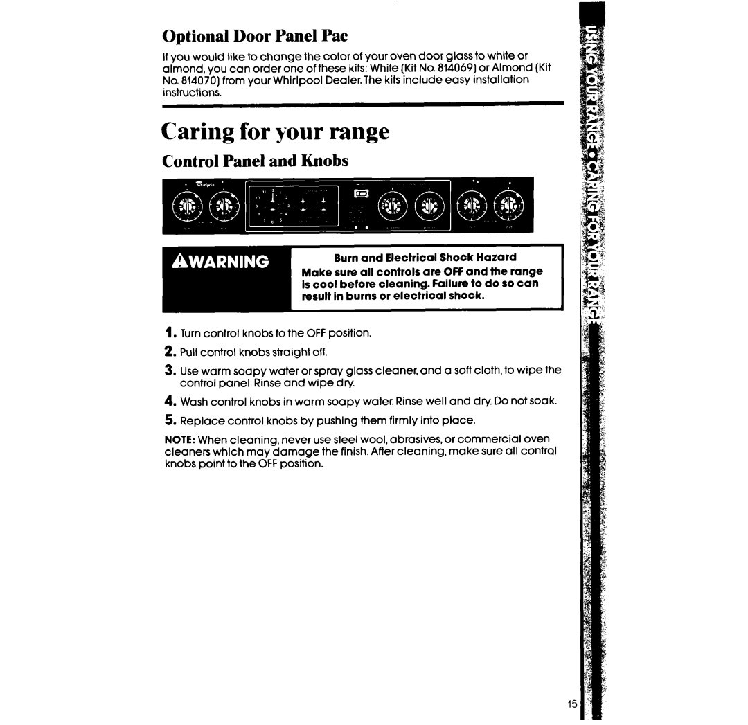 Whirlpool RF365PXW manual Optional Door Panel Pat, Control Panel and Knobs 