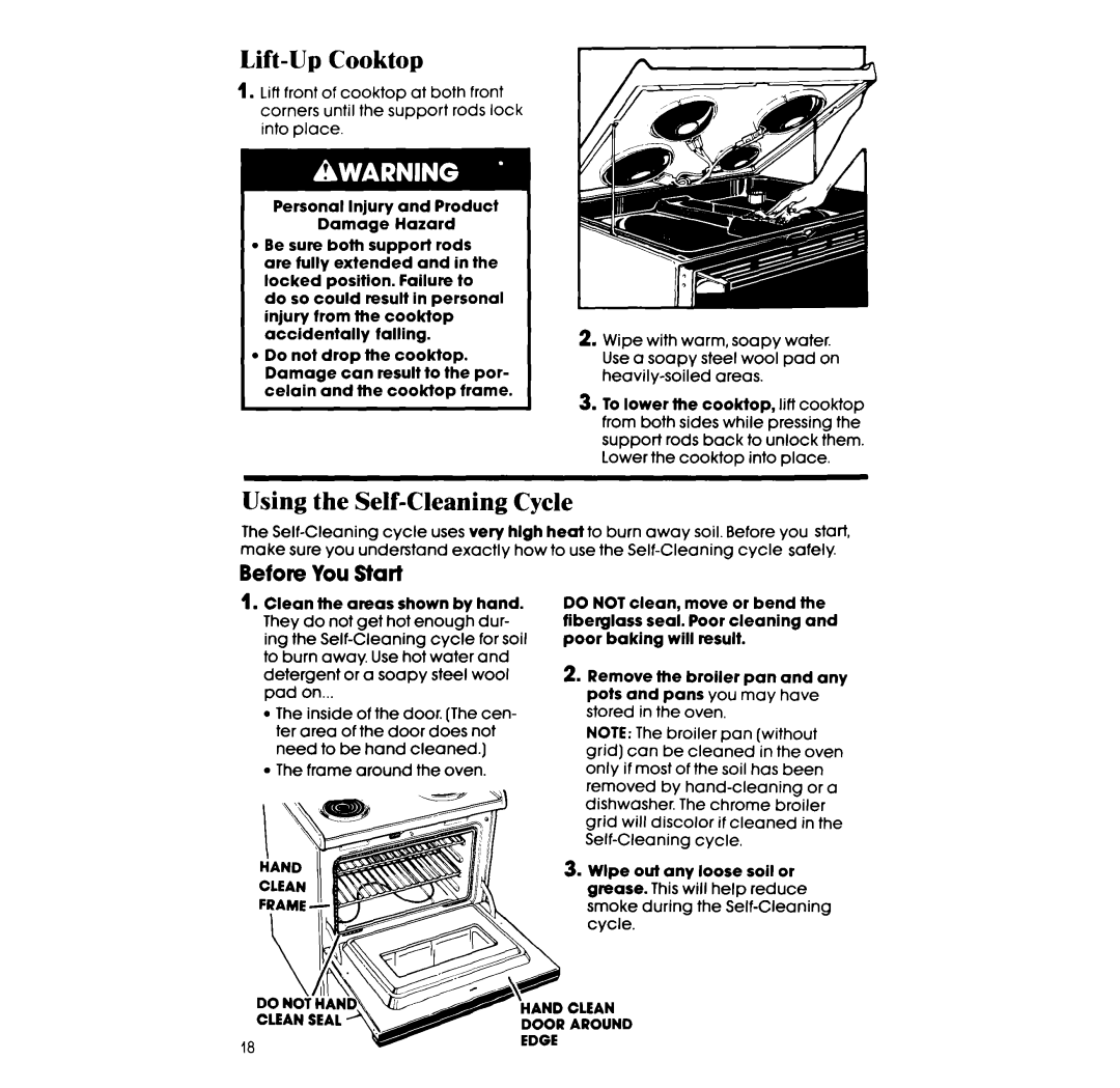 Whirlpool RF365PXW manual Lift-Up Cooktop, Using the Self-Cleaning Cycle, Before You Start 