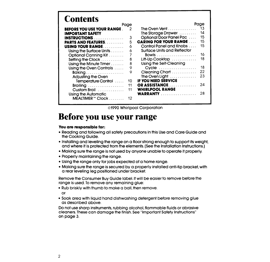Whirlpool RF365PXW manual Contents 