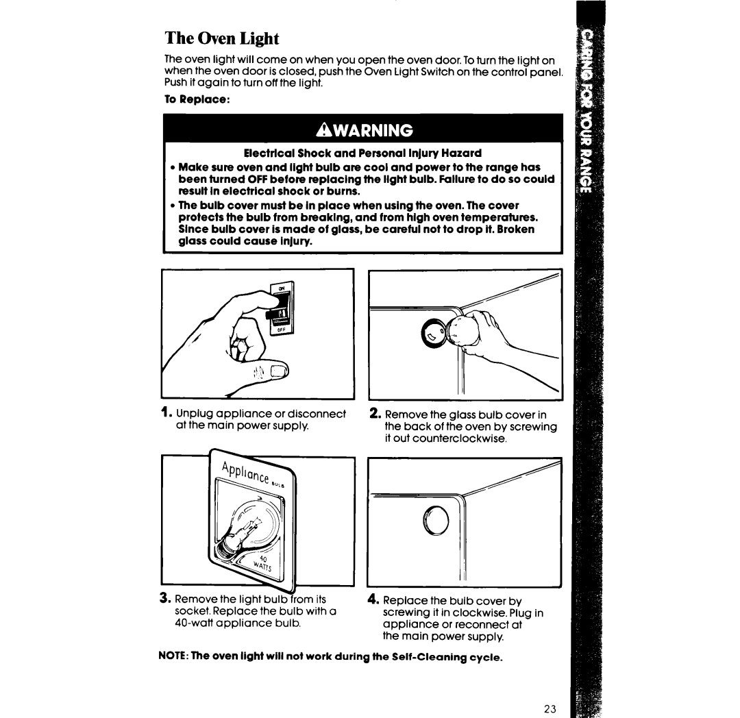 Whirlpool RF365PXW manual Oven Light 