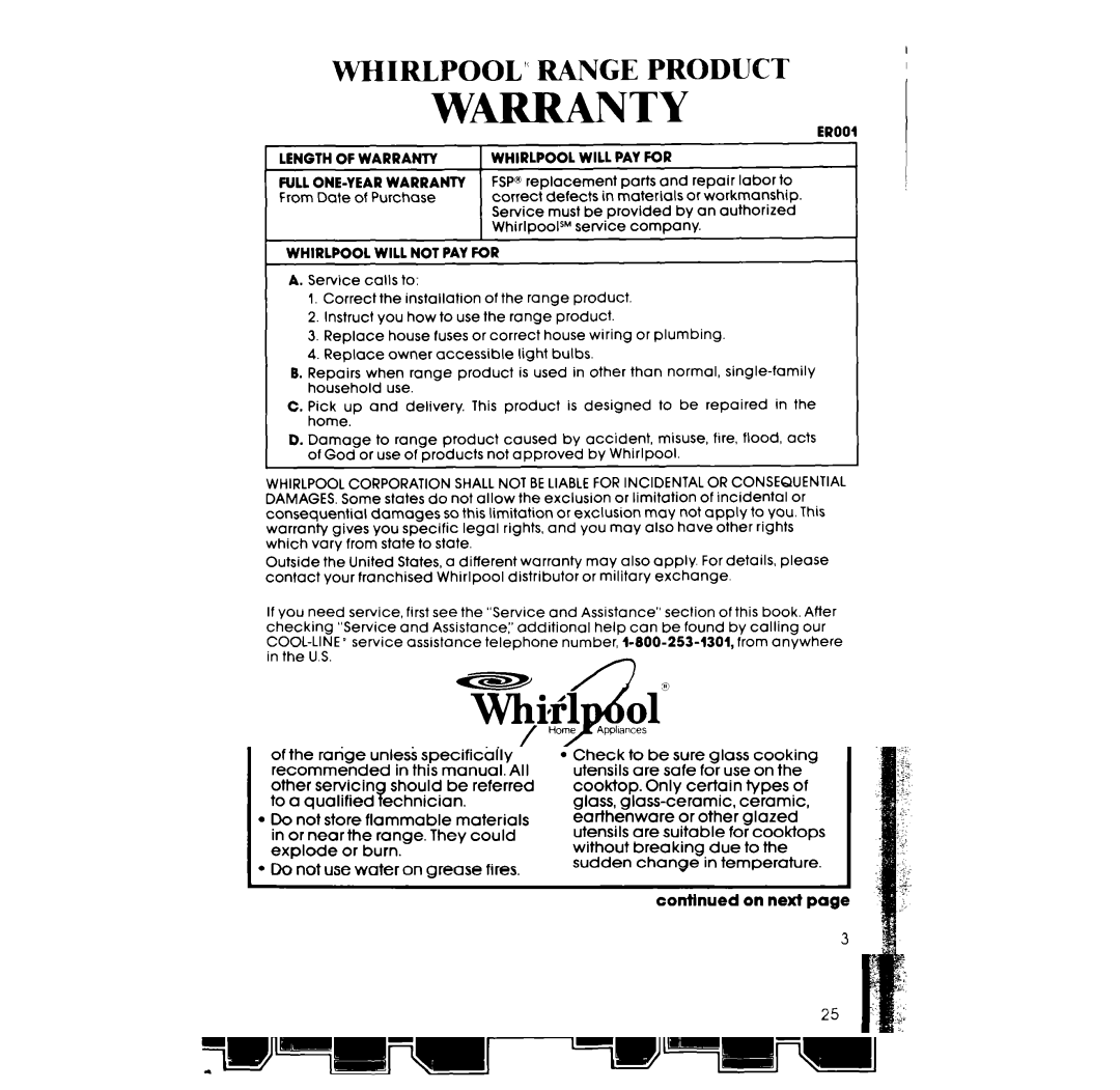 Whirlpool RF365PXW manual Warranty 