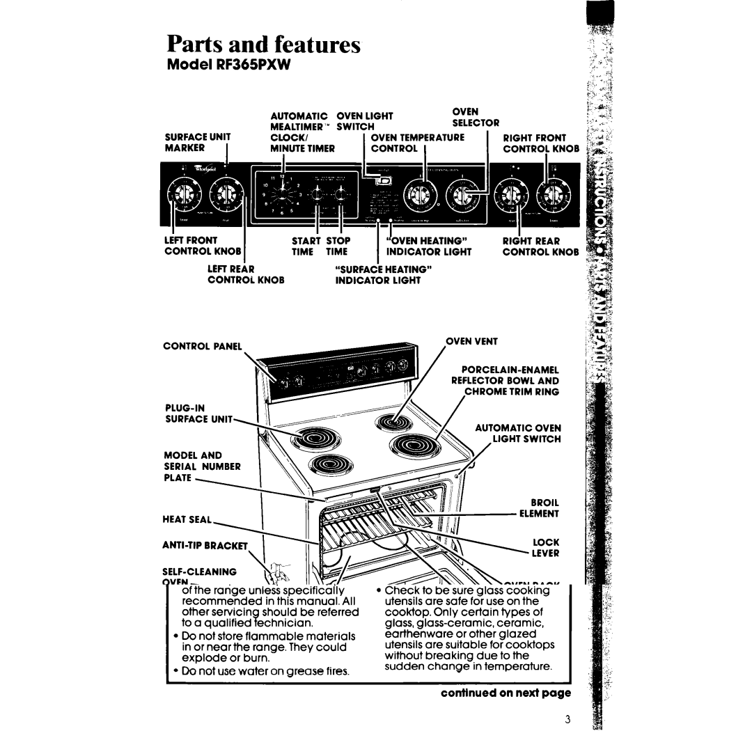 Whirlpool manual Parts and features, Model RF365PXW 