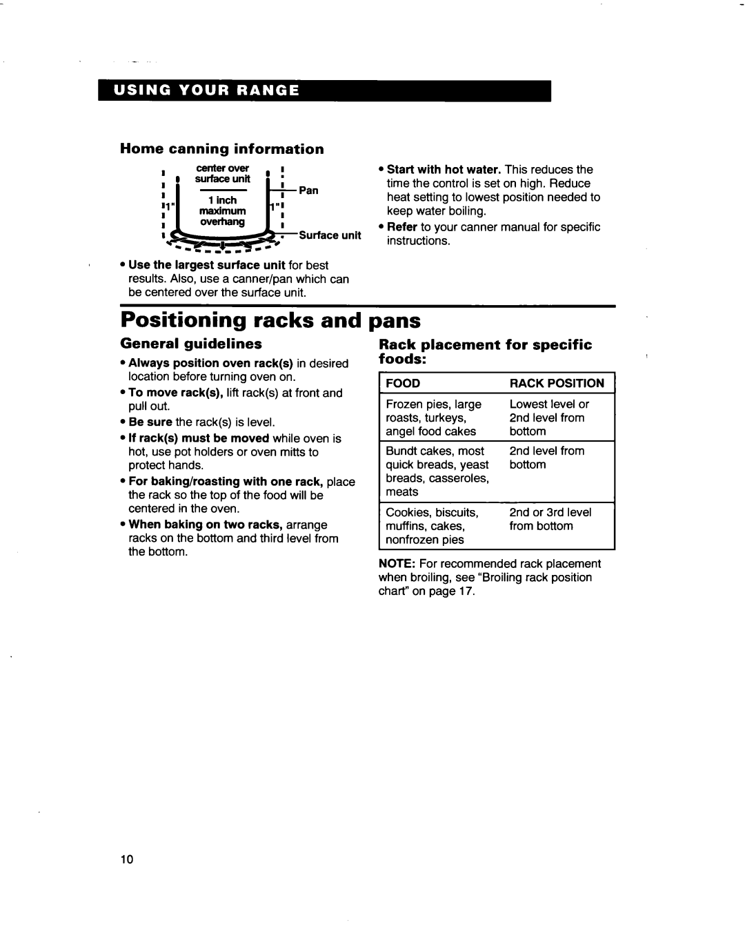 Whirlpool RF3661XD warranty Positioning racks, 1Ipans, Home canning information, General guidelines 