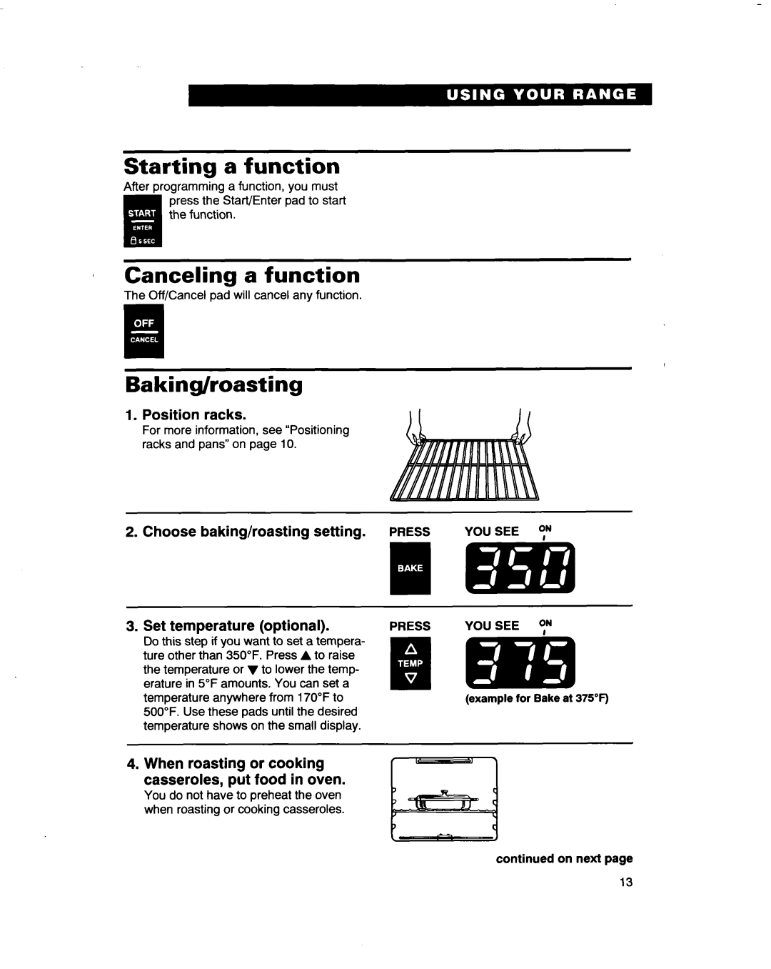 Whirlpool RF3661XD warranty Starting a function, Canceling a function, Baking/roasting 