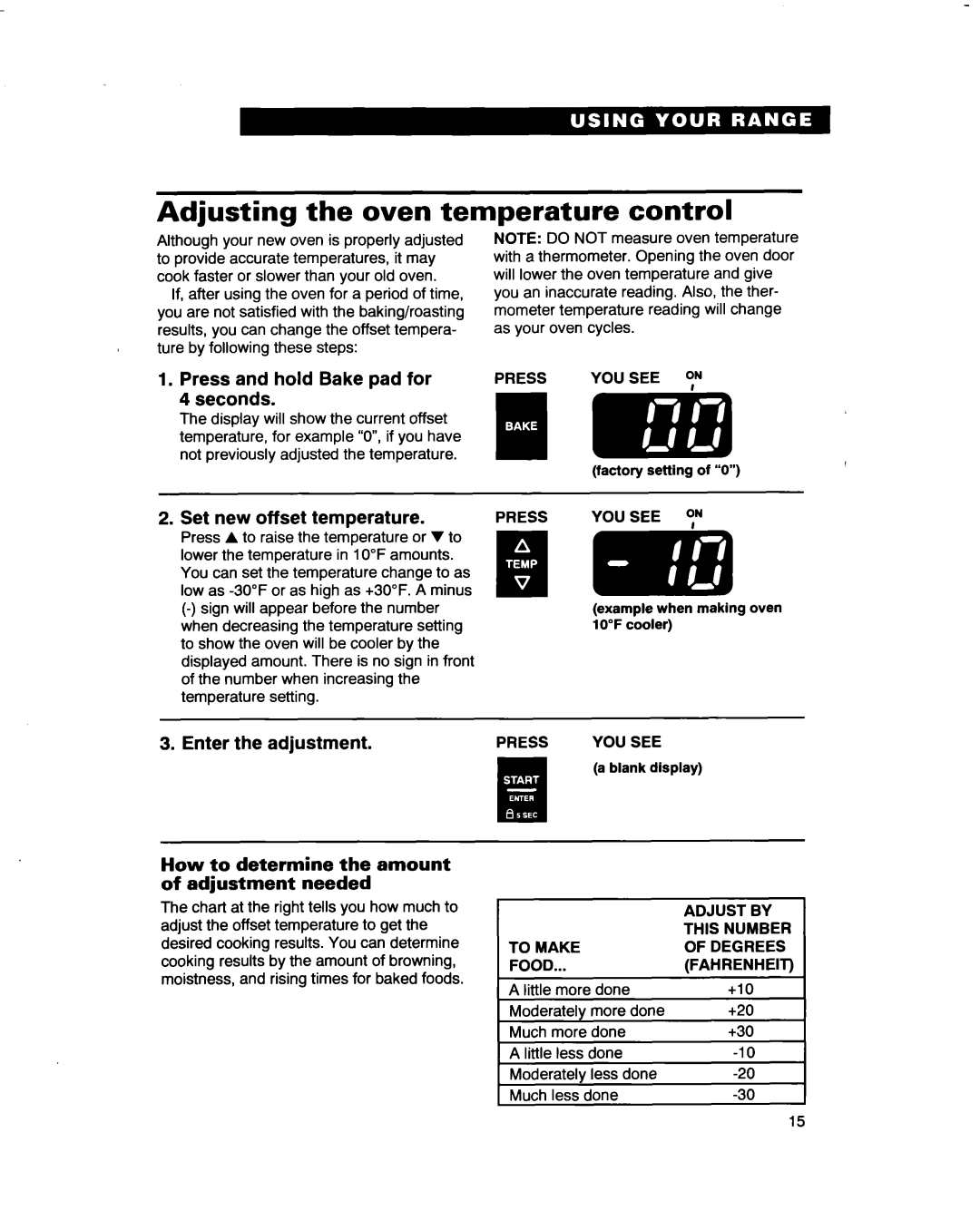 Whirlpool RF3661XD Adjusting the oven temperature control, Press and hold Bake pad for Seconds, Set new offset temperature 