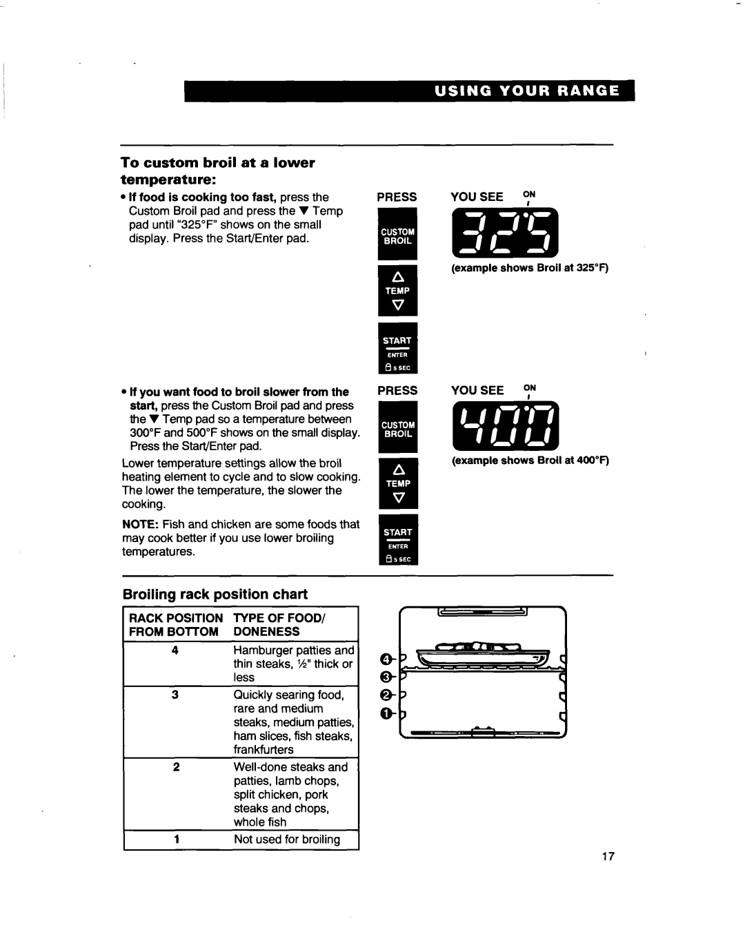 Whirlpool RF3661XD To custom broil at a lower temperature, Llll, Broiling rack position chart, Rack Position Type of Food 