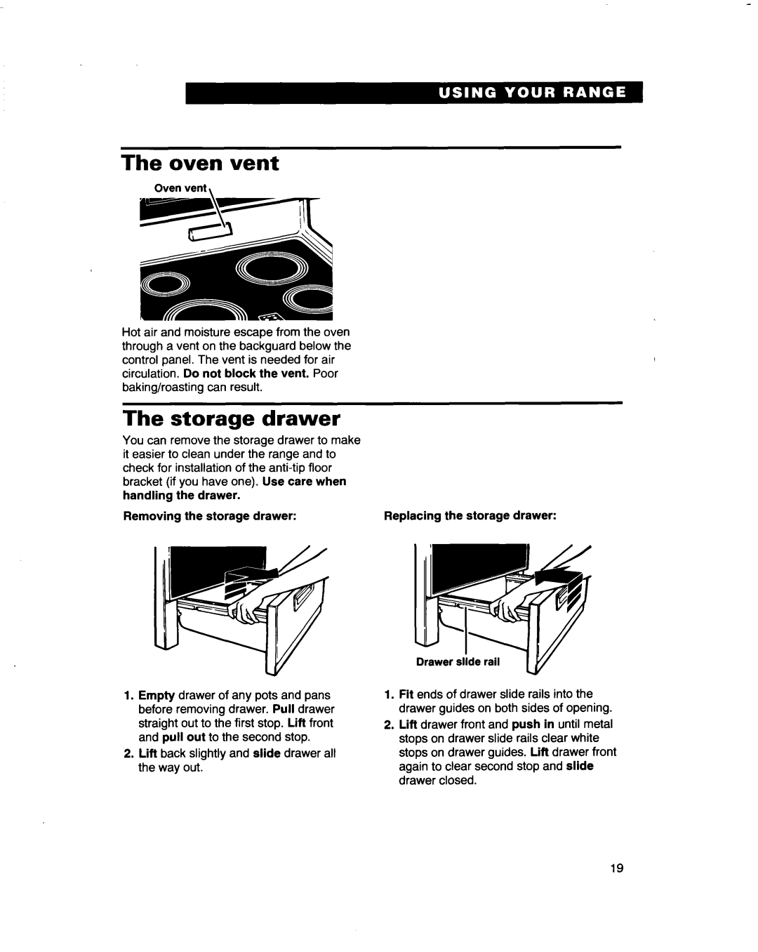 Whirlpool RF3661XD warranty Oven vent, Storage drawer 