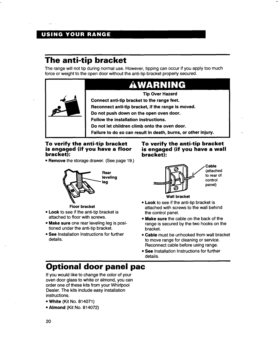 Whirlpool RF3661XD warranty Anti-tip bracket, Optional door panel pat 