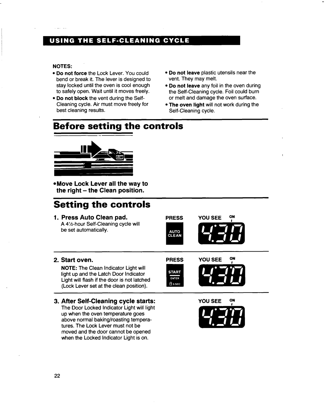 Whirlpool RF3661XD warranty Before setting the controls, Setting the controls, Press Auto Clean pad 