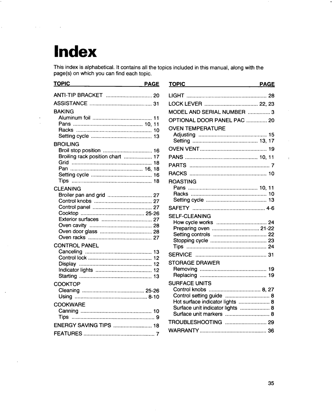 Whirlpool RF3661XD warranty Index 