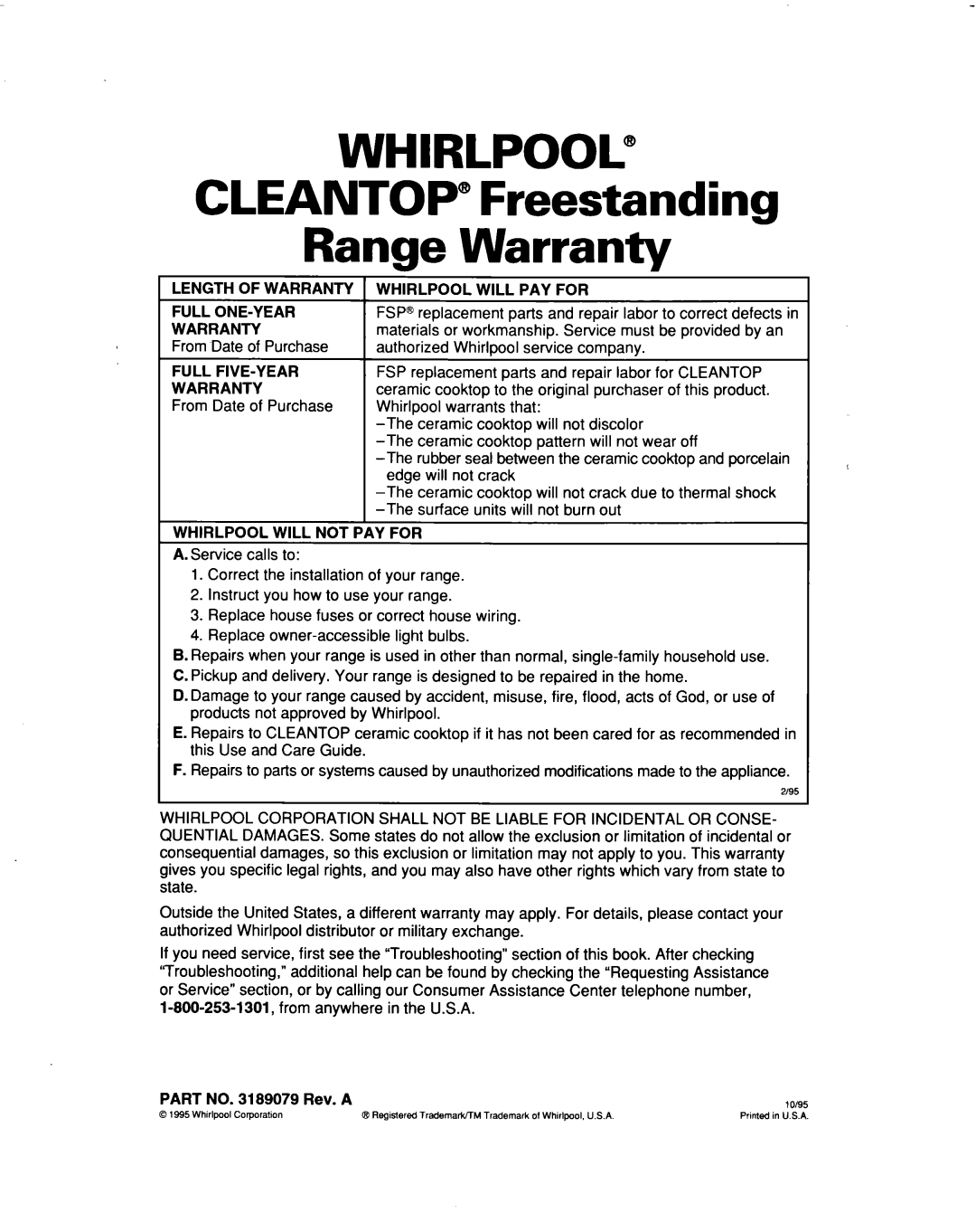 Whirlpool RF3661XD warranty WHIRLPOOL@ CLEANTOP” Freestanding Range Warranty 