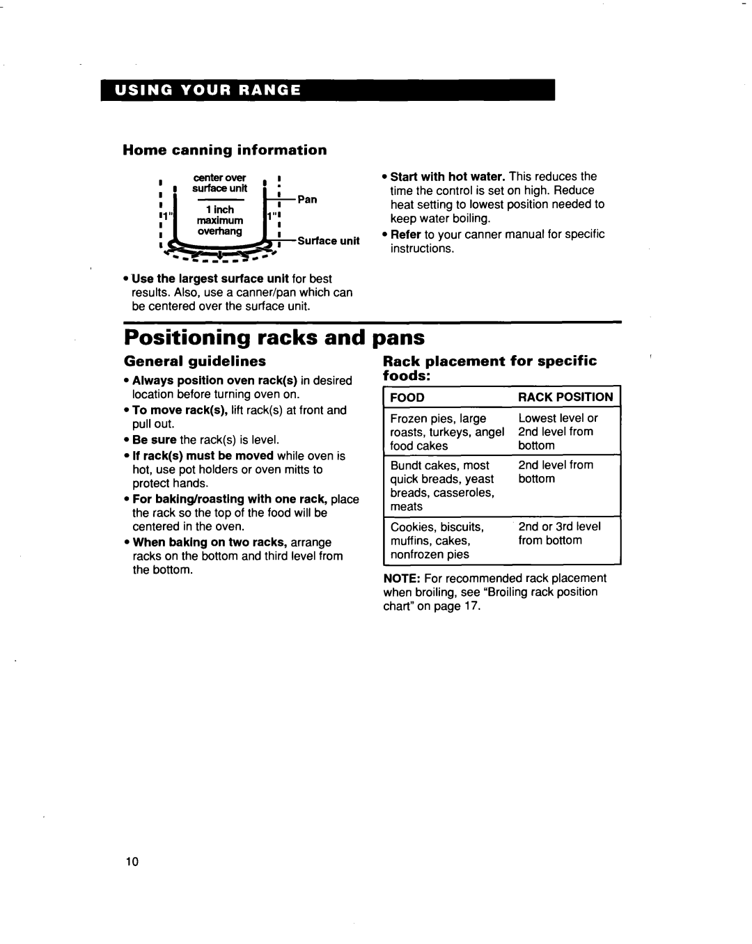 Whirlpool RF3663XD manual Positioning racks, Pans, Home canning information, General guidelines 