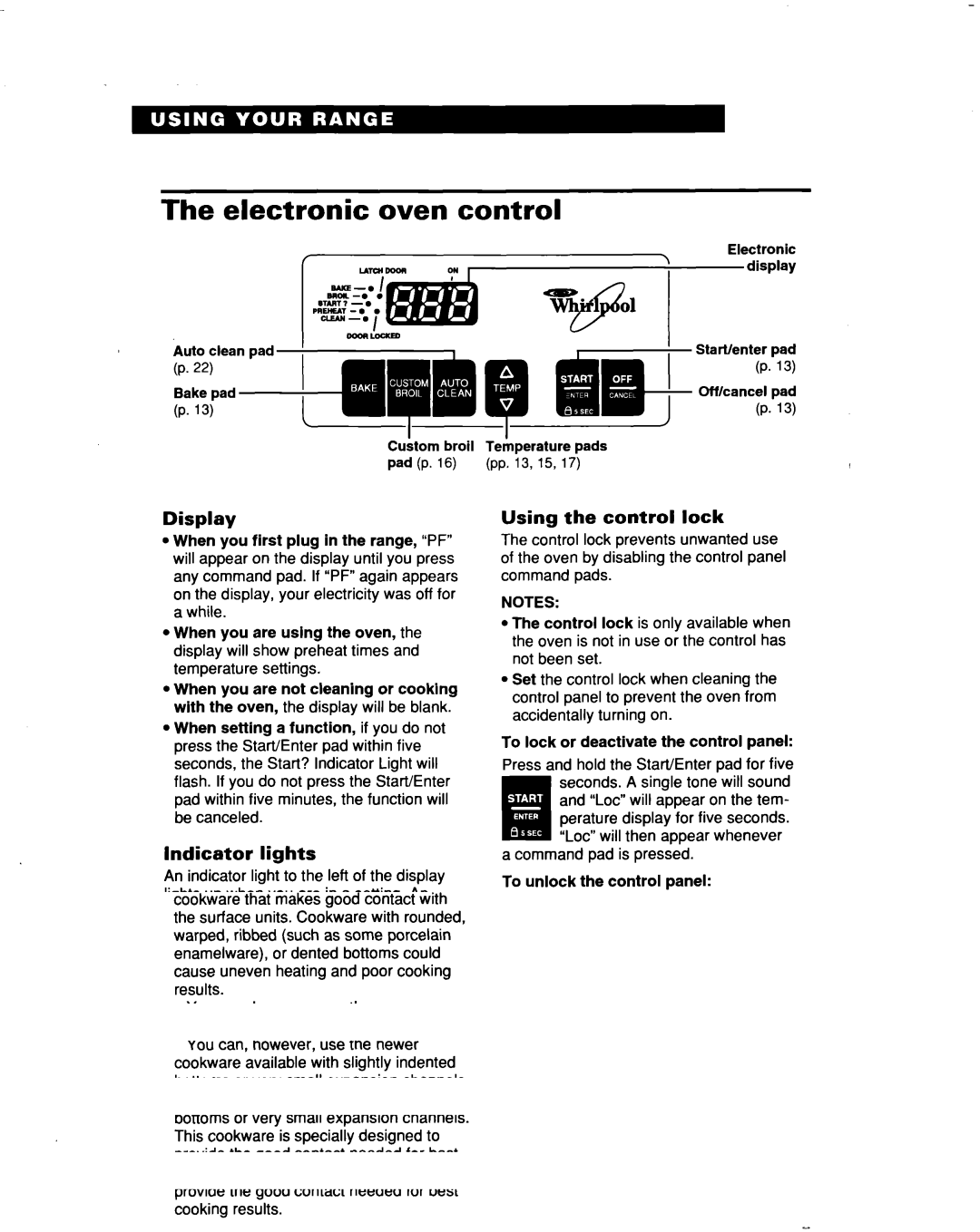 Whirlpool RF3663XD manual Electronic oven control, Display, Indicator lights, Using the control lock 