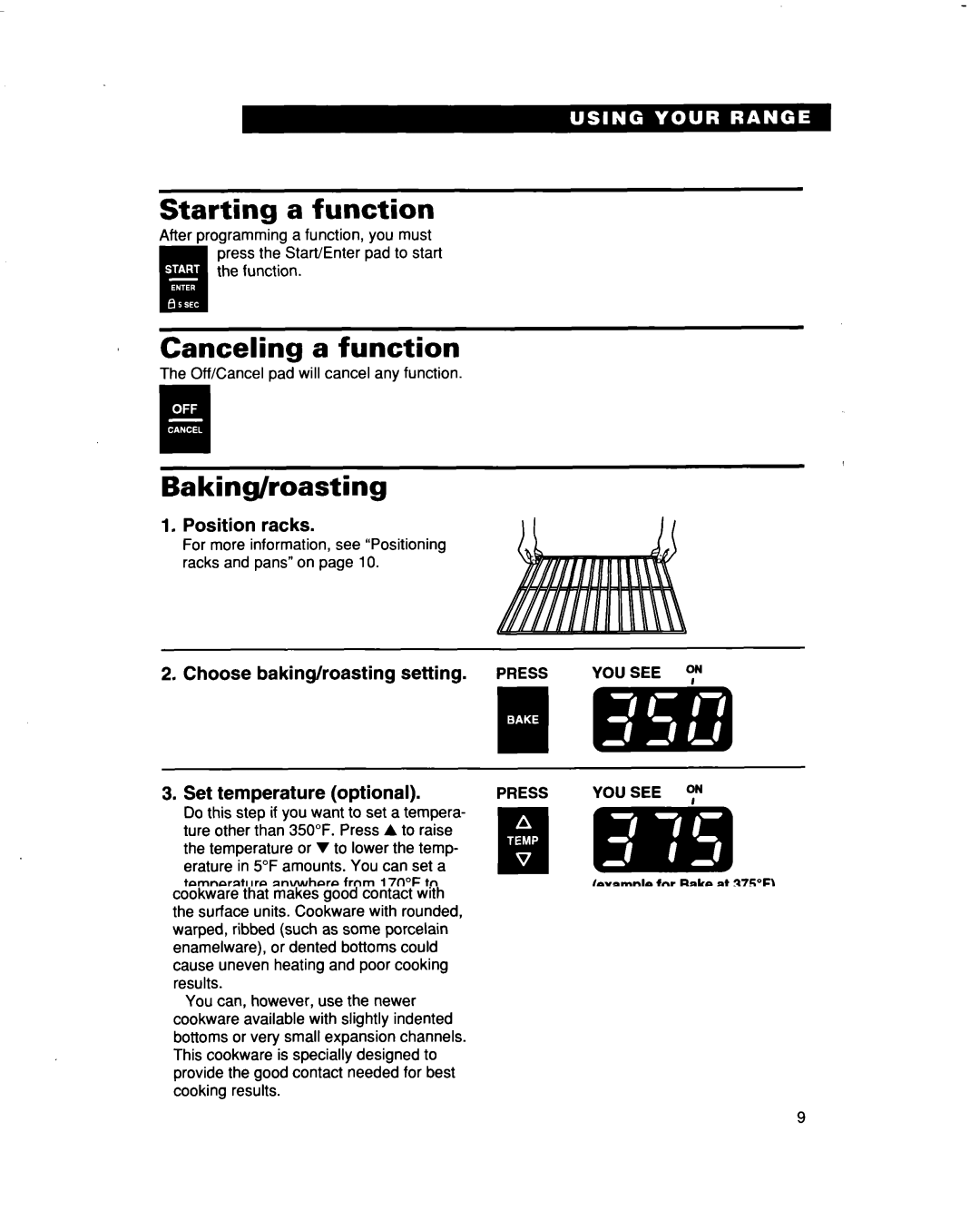 Whirlpool RF3663XD manual Canceling a function, Baking/roasting, Position racks 