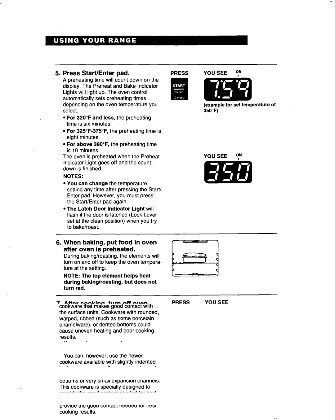 Whirlpool RF3663XD manual Start/Enter, When baking, put food in oven after oven is preheated, After cooking, turn off oven 