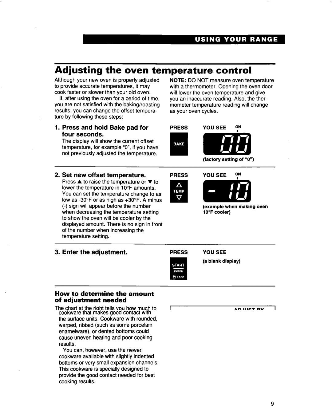 Whirlpool RF3663XD manual Adjusting the oven temperature control, Press and hold Bake pad for four seconds, Press YOU see N 