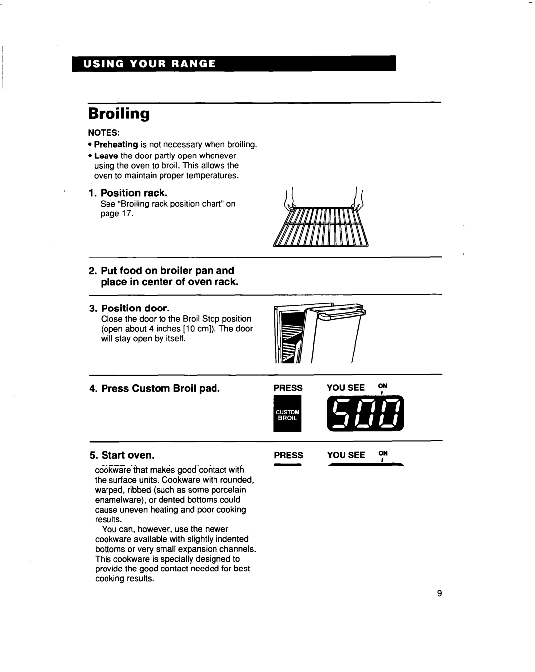 Whirlpool RF3663XD manual Broiling, Position rack, Press Press YOU see 