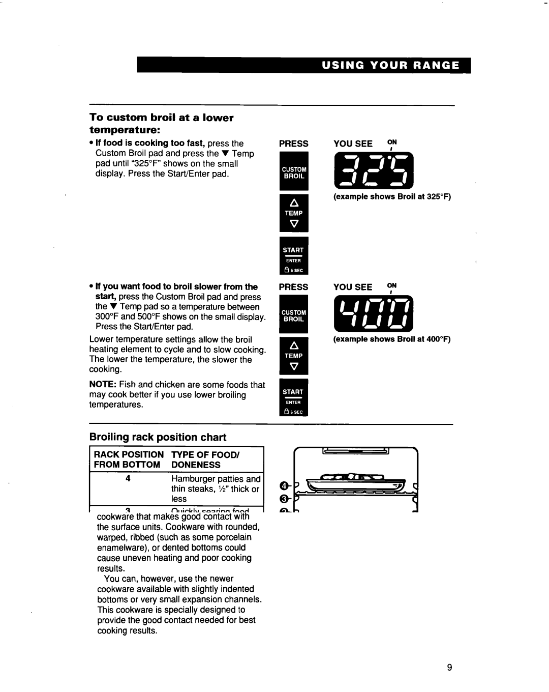 Whirlpool RF3663XD manual To custom broil at a lower temperature, Broiling rack position chart 