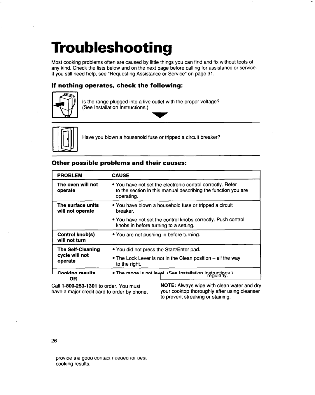 Whirlpool RF3663XD Troubleshooting, If nothing operates, check the following, Other possible problems and their causes 