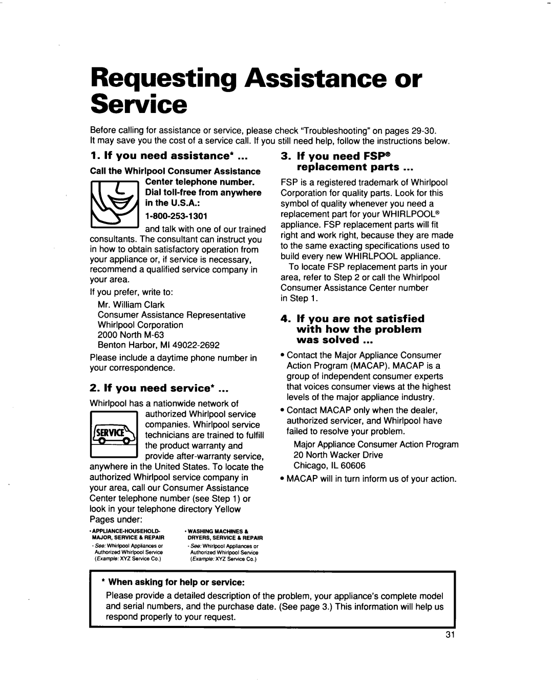 Whirlpool RF3663XD manual Se&ice w, If you need assistance, If you need service, If you need FSP Replacement parts 