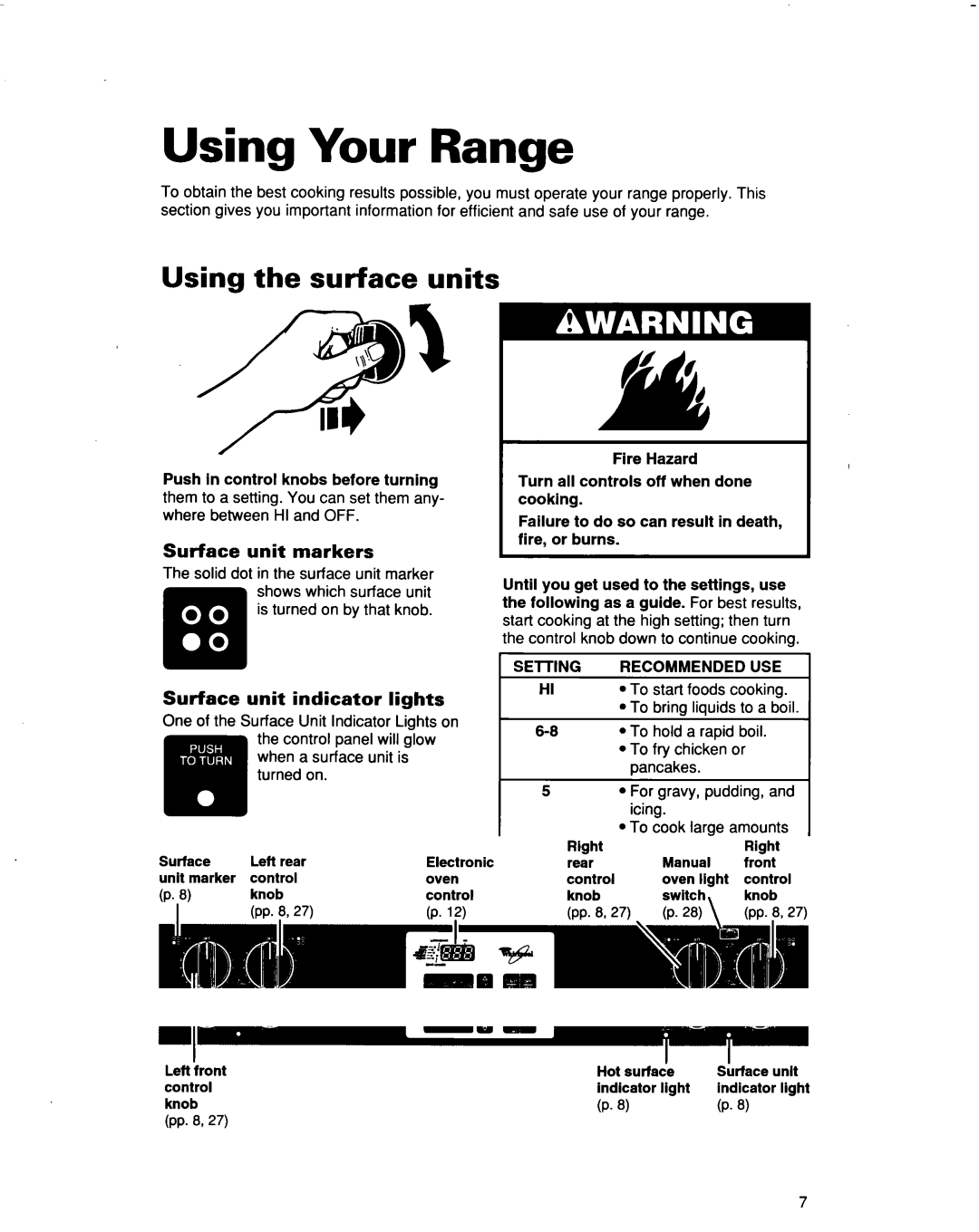 Whirlpool RF3663XD manual Using Your Range, Using the surface units, Surface unit markers, Surface unit indicator lights 