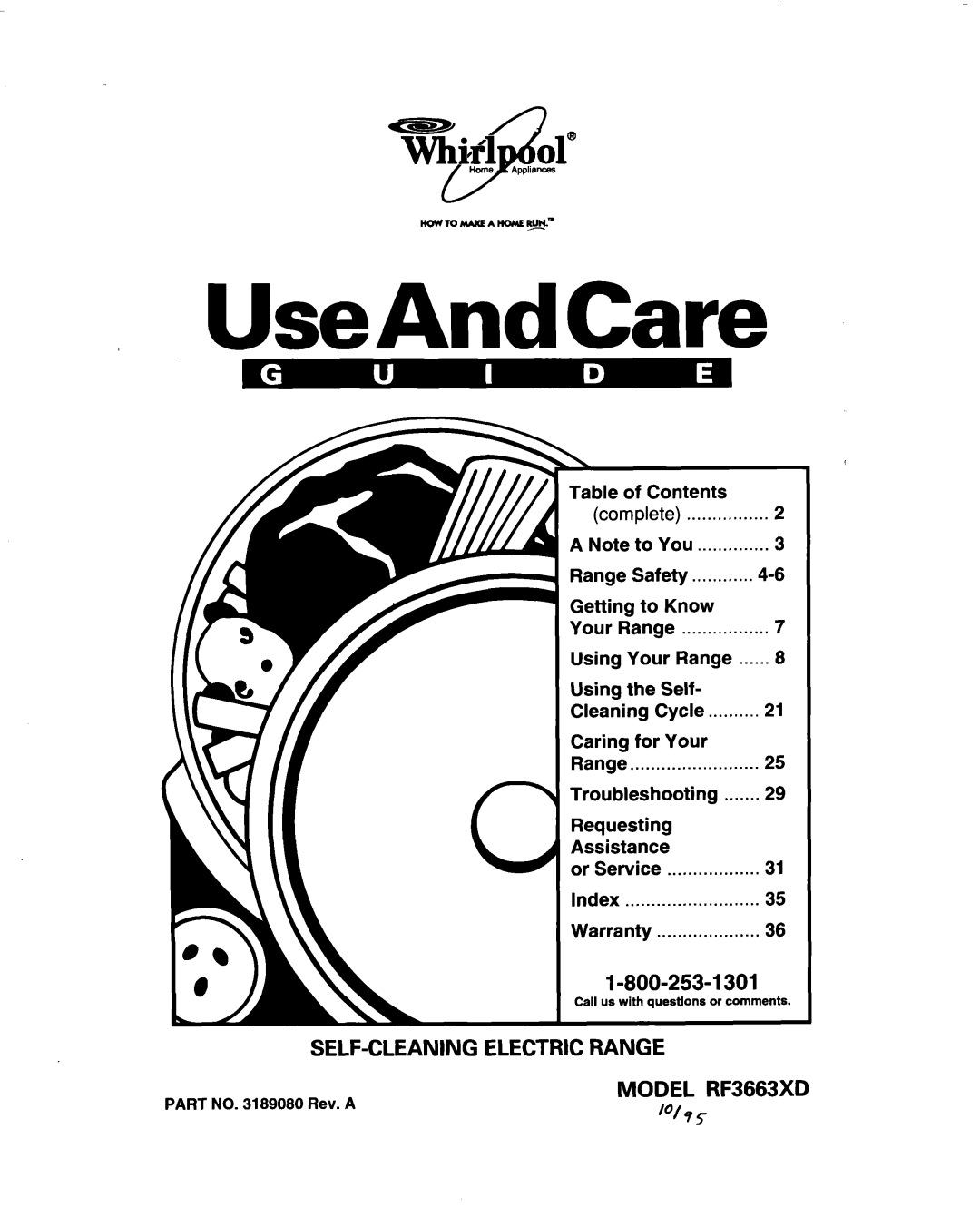 Whirlpool manual UseAndCare, VLfl ol@, Self-Cleaning, l-800-253-1301, Electric Range, MODEL RF3663XD ioh5 